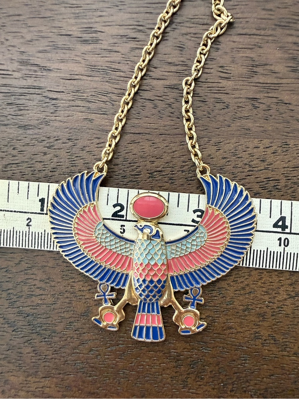 Egyptian Revival Horus Falcon red & blue enameled gold tone adjustable Necklace - Picture 5 of 7